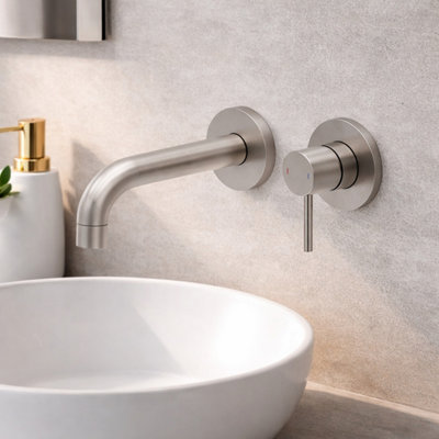 Plum&clay Emilia Brushed Nickel Round Wall-Mounted Basin Mixer Tap from B&Q