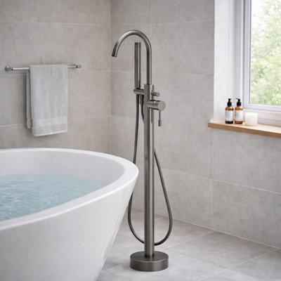 Plum&clay Emilia Gun Grey Round Floor Standing Bath Shower Mixer Tap from B&Q