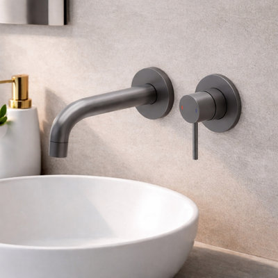 Plum&clay Emilia Gun Grey Round Wall-Mounted Basin Mixer Tap from B&Q