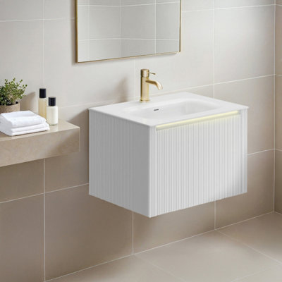 Plum&clay Zion Fluted White Wall Hung Drawer Vanity Unit & Basin Set (W)600mm from B&Q