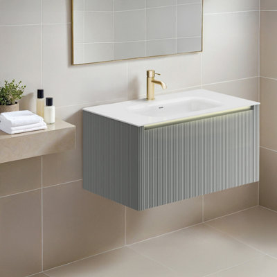 Plum&clay Zion Fluted Grey Wall Hung Drawer Vanity Unit & Basin Set (W)800mm from B&Q
