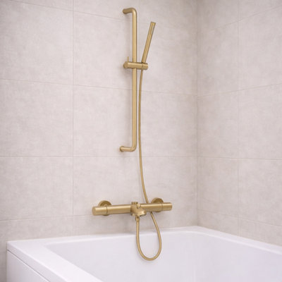Plum&clay Emilia Brushed Gold Bath Shower Mixer Tap With Shower Slide Rail Kit & Handset from B&Q