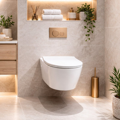 Plum&clay Abel White Rimless Wall Hung Wc Toilet Pan With Soft Close Seat from B&Q