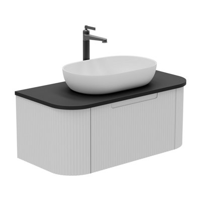 B&Q -  Solara Fluted White Wall Hung Drawer Vanity Unit With Black Worktop (W)900mm