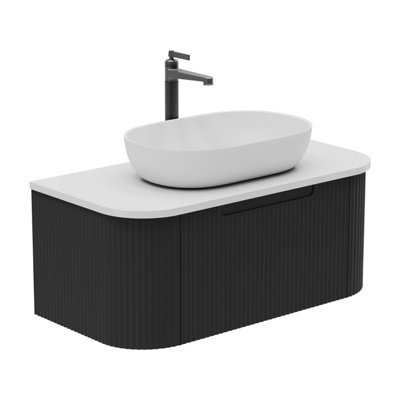 B&Q -  Solara Fluted Black Wall Hung Drawer Vanity Unit With White Worktop (W)900mm