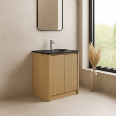 Plum&clay Isla Ribbed Fluted Oak Wood Freestanding Bathroom Vanity Unit & Black Basin Set (W)800mm from B&Q