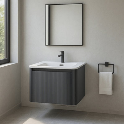 Plum&clay Isla Ribbed Fluted Grey Wall Hung Drawer Vanity Unit & White Basin Set (W)600mm from B&Q