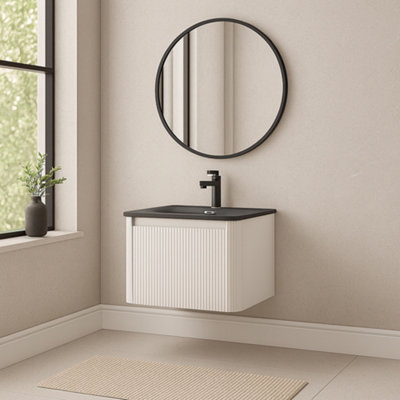 Plum&clay Isla Ribbed Fluted White Wall Hung Drawer Vanity Unit & Black Basin Set (W)600mm from B&Q