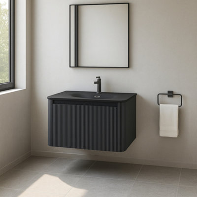 Plum&clay Isla Ribbed Fluted Grey Wall Hung Drawer Vanity Unit & Black Basin Set (W)600mm from B&Q
