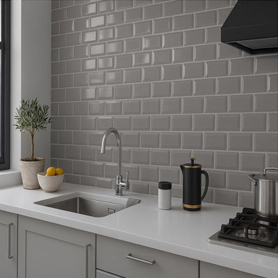 B&Q -  Light Grey Gloss Metro Ceramic Wall Tile (L)200mm (W)100mm
