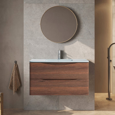 Plum&clay Eden Redwood Wall Hung Vanity Unit With White Glass Basin (W)900mm from B&Q