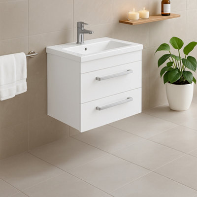 Plum&clay Novela Gloss White Wall Hung Vanity Unit With Ceramic Basin (W)600mm from B&Q