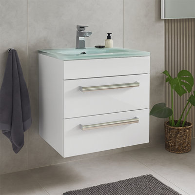 Plum&clay Novela Gloss White Wall Hung Vanity Unit With Crystal Basin (W)600mm from B&Q