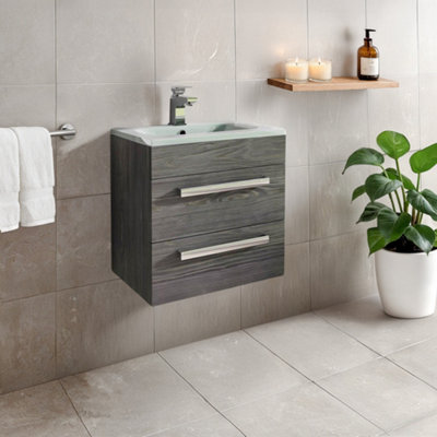 Plum&clay Novela Dark Wood Wall Hung Vanity Unit With Crystal Basin (W)600mm from B&Q
