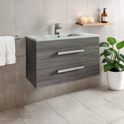 Plum&clay Novela Dark Wood Wall Hung Vanity Unit With Crystal Basin (W)800mm from B&Q