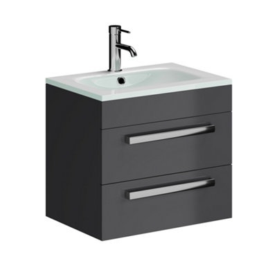 Plum&clay Novela Anthracite Grey Wall Hung Vanity Unit With Glass Basin (W)600mm from B&Q