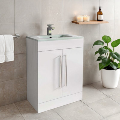 Plum&clay Novela Gloss White Floor Standing Vanity Unit With Crystal Basin (W)600mm from B&Q