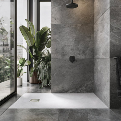 Plum&clay Pia Rectangle White Slate Effect Shower Tray (L)1400mm (W)800mm (H)25mm from B&Q