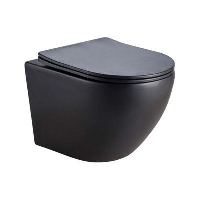 Plum&clay Isaac Black Short Projection Round Wall Hung Toilet With Soft Closing Seat from B&Q