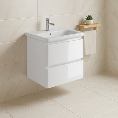 Plum&clay Marvel Gloss White Wall Hung Bathroom Vanity Unit With Round Resin Basin (W)600mm from B&Q