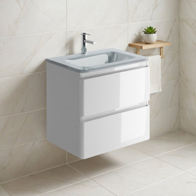 Plum&clay Marvel Gloss White Wall Hung Bathroom Vanity Unit With White Glass Basin (W)600mm from B&Q