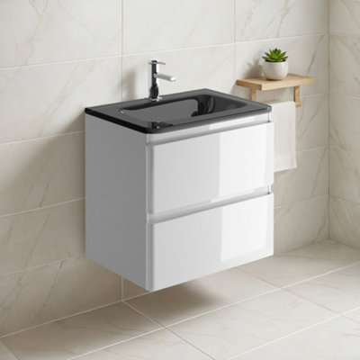 Plum&clay Marvel Gloss White Wall Hung Bathroom Vanity Unit With Grey Glass Basin (W)600mm from B&Q