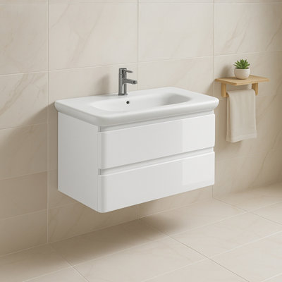 Plum&clay Marvel Gloss White Wall Hung Bathroom Vanity Unit With Round Resin Basin (W)900mm from B&Q