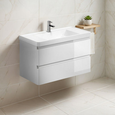 Plum&clay Marvel Gloss White Wall Hung Bathroom Vanity Unit With Resin Basin (W)900mm from B&Q
