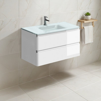 Plum&clay Marvel Gloss White Wall Hung Bathroom Vanity Unit With White Glass Basin (W)900mm from B&Q