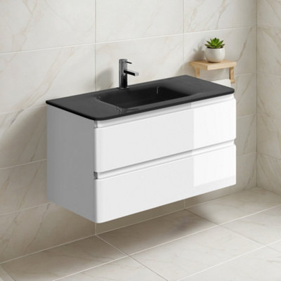 Plum&clay Marvel Gloss White Wall Hung Bathroom Vanity Unit With Grey Glass Basin (W)900mm from B&Q