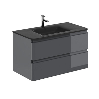 Plum&clay Marvel Gloss Dark Grey Wall Hung Bathroom Vanity Unit With Grey Glass Basin (W)900mm from B&Q