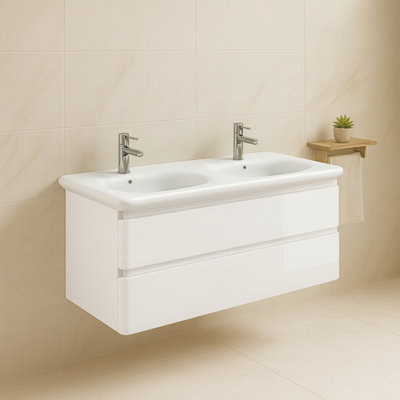 Plum&clay Marvel Gloss White Wall Hung Bathroom Vanity Unit With Round Resin Basin (W)1200mm from B&Q