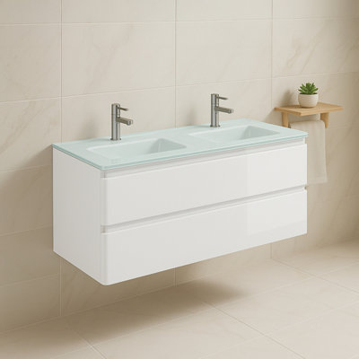 Plum&clay Marvel Gloss White Wall Hung Bathroom Vanity Unit With White Glass Basin (W)1200mm from B&Q