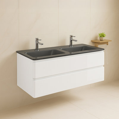 Plum&clay Marvel Gloss White Wall Hung Bathroom Vanity Unit With Grey Glass Basin (W)1200mm from B&Q