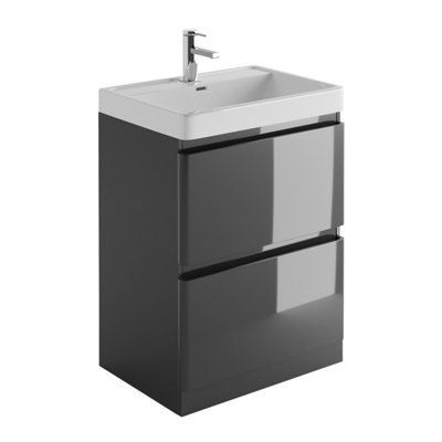 Plum&clay Marvel Gloss Dark Grey Floor Standing Bathroom Vanity Unit With Resin Basin (W)600mm
