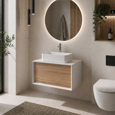 Plum&clay Declan White & Oak Wall Mounted Vanity Unit & Basin Set (W)800mm (H)400mm from B&Q
