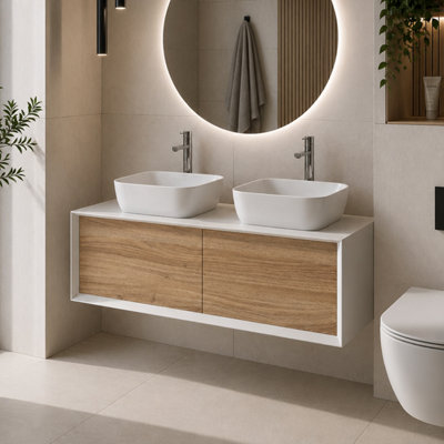 Plum&clay Declan White & Oak Wall Mounted Vanity Unit & Basin Set (W)1200mm (H)400mm from B&Q