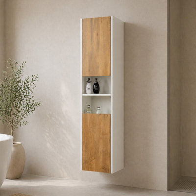 Plum&clay Declan White & Oak Wall Hung Bathroom Tall Storage Unit (H)1700mm (W)400mm from B&Q