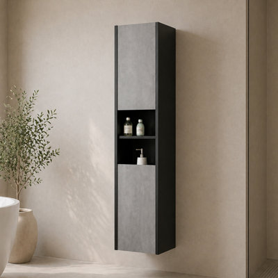 Plum&clay Declan Black & Concrete Wall Hung Bathroom Tall Storage Unit (H)1700mm (W)400mm from B&Q