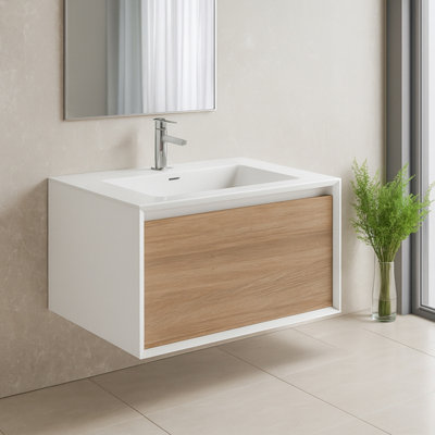 Plum&clay Declan White & Oak Wall Mounted Vanity Unit With Integrated Basin (W)600mm (H)400mm from B&Q