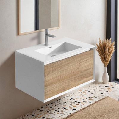 Plum&clay Declan White & Oak Wall Mounted Vanity Unit With Integrated Basin (W)750mm (H)400mm from B&Q