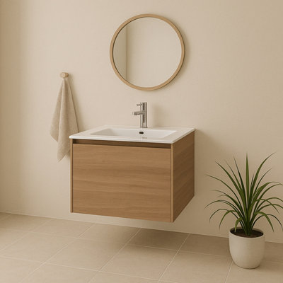Plum&clay Matterhorn Oak Wall Hung Bathroom Vanity Unit With White Basin (W)600mm (H)450mm from B&Q