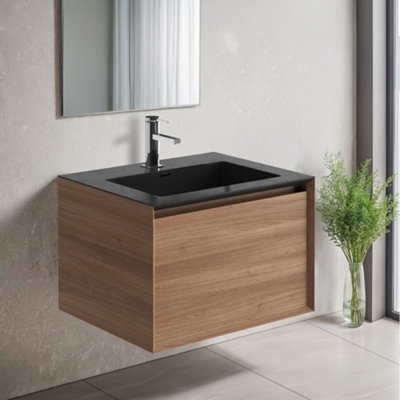 Plum&clay Matterhorn Oak Wall Hung Bathroom Vanity Unit With Black Basin (W)600mm (H)450mm from B&Q