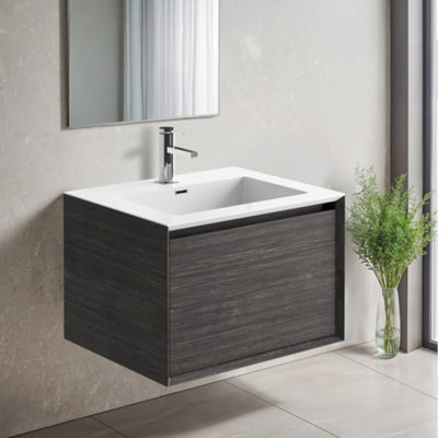 Plum&clay Matterhorn Dark Oak Wall Hung Bathroom Vanity Unit With White Basin (W)600mm (H)450mm from B&Q