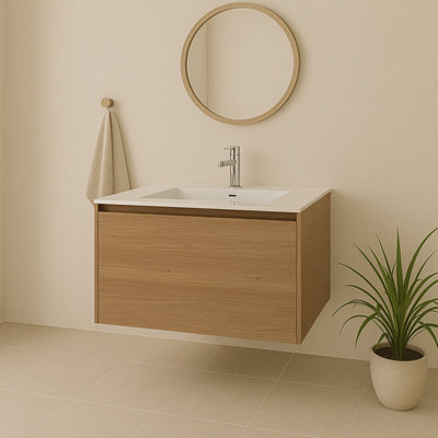 Plum&clay Matterhorn Oak Wall Hung Bathroom Vanity Unit With White Basin (W)750mm (H)450mm from B&Q