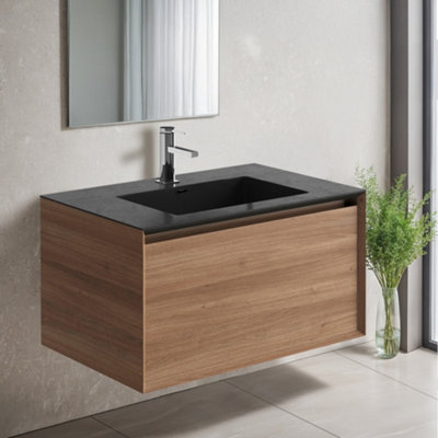 Plum&clay Matterhorn Oak Wall Hung Bathroom Vanity Unit With Black Basin (W)750mm (H)450mm from B&Q