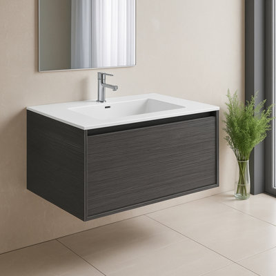Plum&clay Matterhorn Dark Oak Wall Hung Bathroom Vanity Unit With White Basin (W)750mm (H)450mm from B&Q