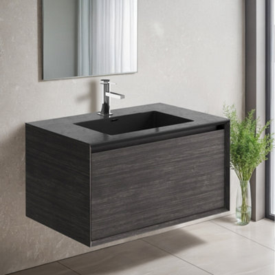 Plum&clay Matterhorn Dark Oak Wall Hung Bathroom Vanity Unit With Black Basin (W)750mm (H)450mm from B&Q