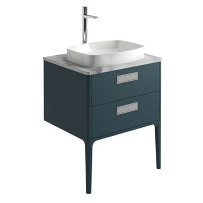 Plum&clay Canaria 2 Leg Blue Bathroom Vanity Unit With White Marble Countertop & Integrated Ceramic Basin (W)635mm (H)850mm from B&Q