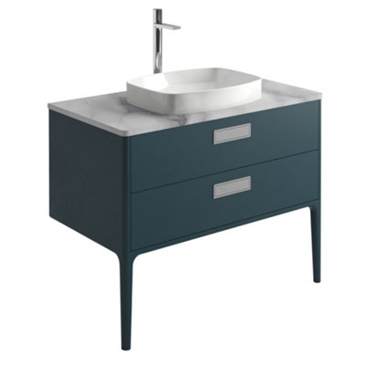 Plum&clay Canaria 2 Leg Blue Bathroom Vanity Unit With White Marble Countertop & Integrated Ceramic Basin (W)985mm (H)850mm from B&Q